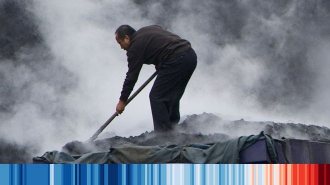 Graphic composite of man working with coal