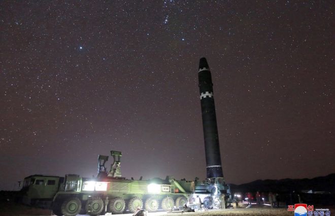 This photo taken on 29 November 2017 and released on 30 November 2017 by North Korea's official Korean Central News Agency (KCNA) shows the Hwansong-15 missile which is capable of reaching all parts of the US.