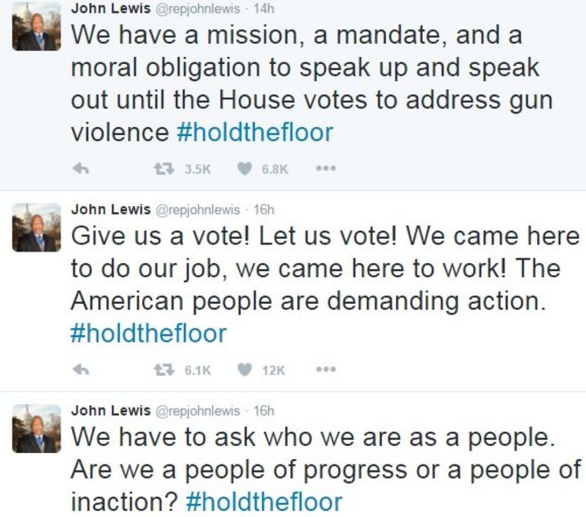 Серия твитов от Джона Льюиса, призывающих провести голосование по законодательству о контроле над оружием в Конгрессе