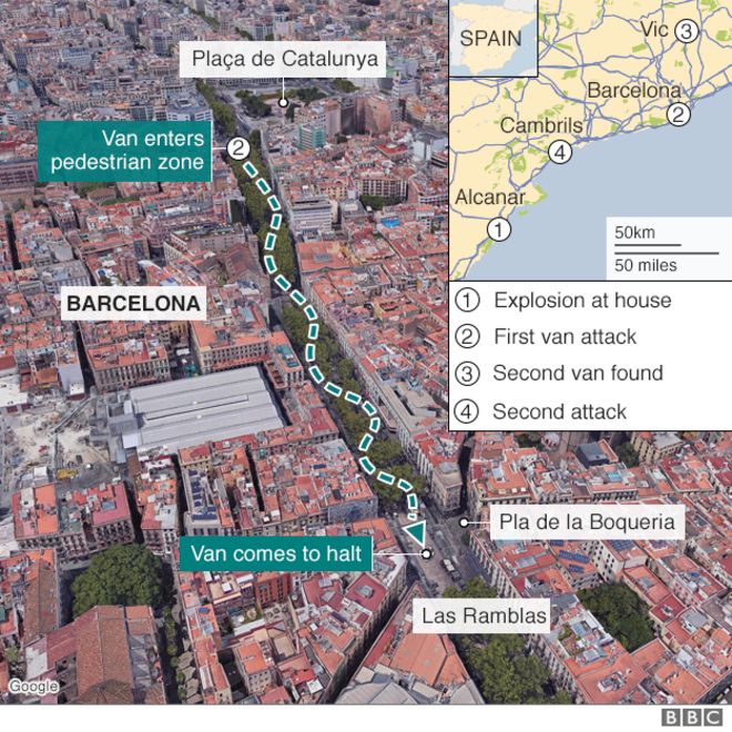 Карта, показывающая маршрут фургона, который въехал в толпу в Барселоне