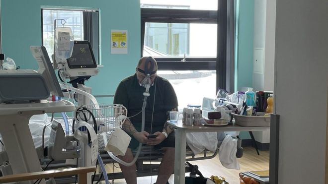 Matthew Keenan photographed in Hospital on CPAP machine