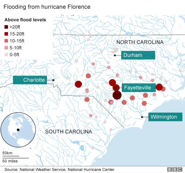 Карта, показывающая уровни наводнений в Северной Каролине