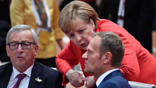 Лидеры ЕС Жан-Клод Юнкер (слева), Дональд Туск (справа) и канцлер Германии Ангела Меркель (слева), 7 июля 17