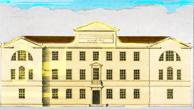 Gravura mostra o hospital St. George, em Londres