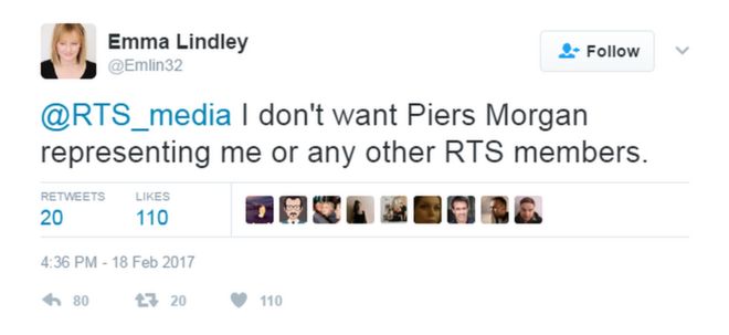 Эмма Линдли в Твиттере: «Я не хочу, чтобы Пирс Морган представлял меня или других членов RTS».