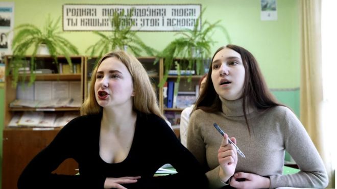 Girls during a Belarusian language lesson at a secondary school in the village of Osinovka