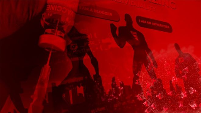 Graphic composite image using the web page for Fazze - with options for "bloggers" and "advertisers". There are the profiles of superheroes in heroic poses with social media company logos on their their chests. To the left is a needle reaching into a vaccine bottle. The whole picture is coloured in red.