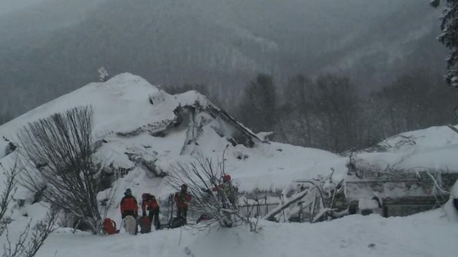Rescuers at the ruins of the Rigopiano Hotel, 19 January