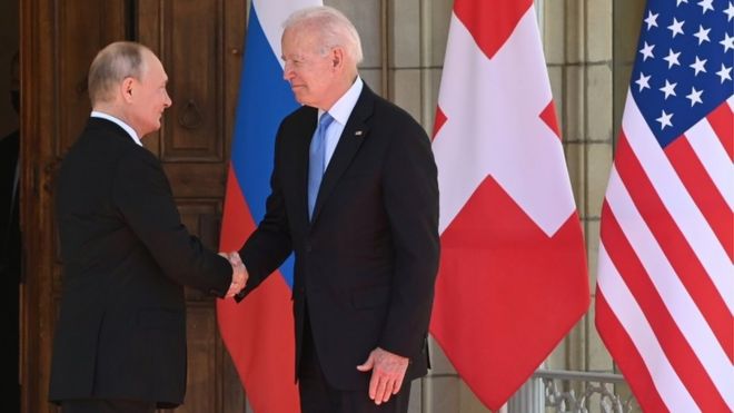 Vladimir Putin and Joe Biden shaking hands ahead of US-Russia summit at Villa La Grange in Geneva, Switzerland, June 16th 2021