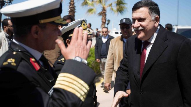 Libya's unity government Prime Minister Fayez Sarraj arriving at a naval base in Tripoli, Libya - Wednesday 30 March 2016