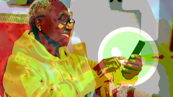 A composite image of woman looking at a phone with a WhatsApp logo on a phone