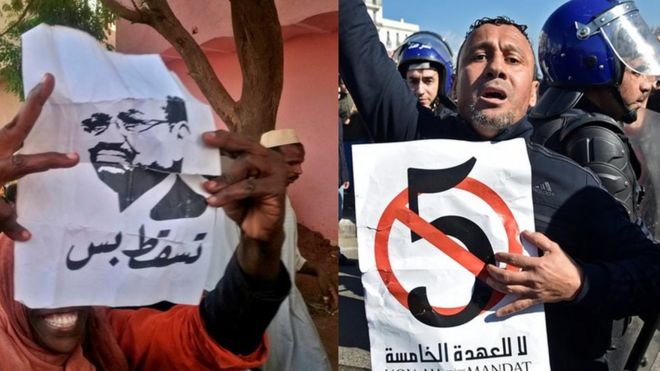 صورة لمتظاهر من الجزائر ( على اليمين) صورة أرشيفية لمظاهرة تطالب بتنحي البشير في السودان (على اليسار)