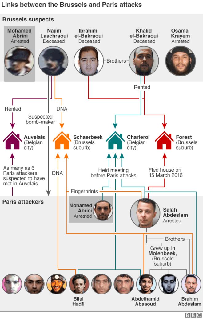 График, показывающий связи между брюссельскими и парижскими злоумышленниками