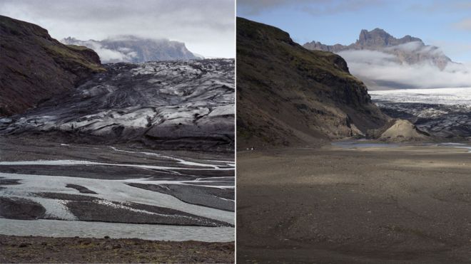Skaftafellsjokull glacier in 1989 and 2020 (Image: Colin and Kieran Baxter/University of Dundee)