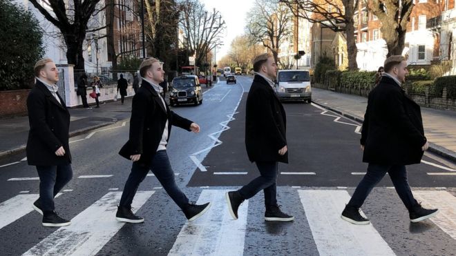 Four Mitchel Federans make their way across Abbey Road