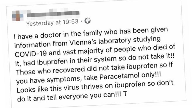 Скриншот вирусного сообщения о коронавирусе и ибупрофене с Facebook