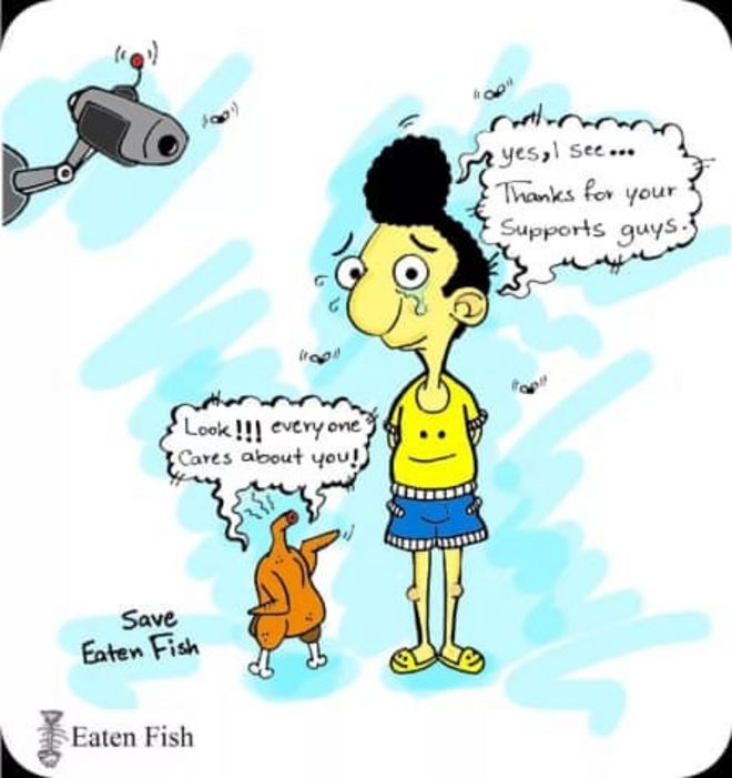 Рисунок, показывающий съеденную рыбу со слезами на глазах у других карикатуристов за поддержку