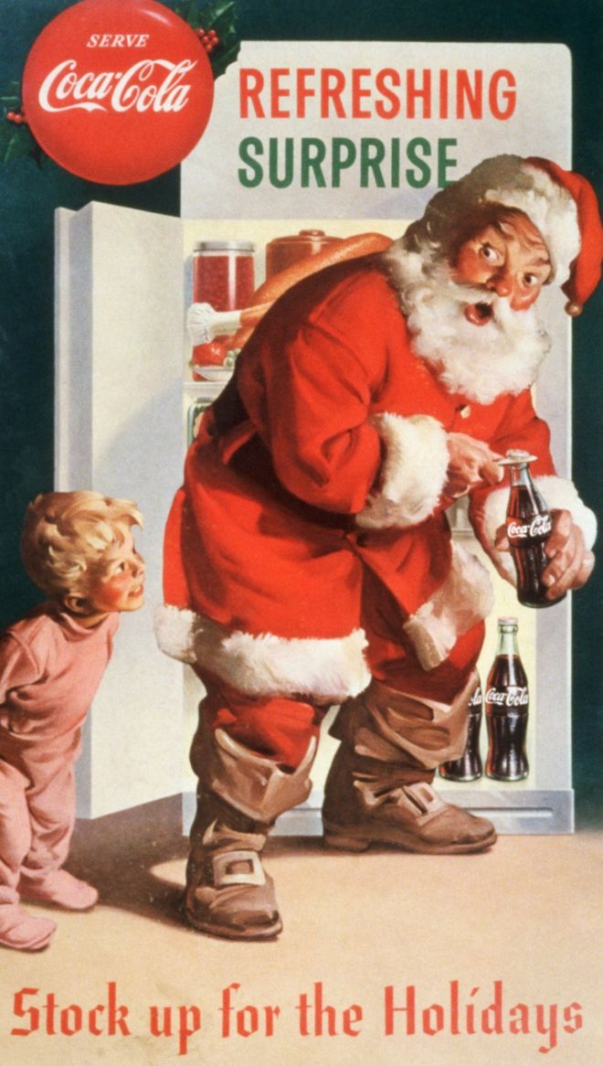 Рекламный плакат Хэддона Сундблома, на котором изображен удивительный мальчик, который Санта-Клаус помогает себе выпить бутылку колы