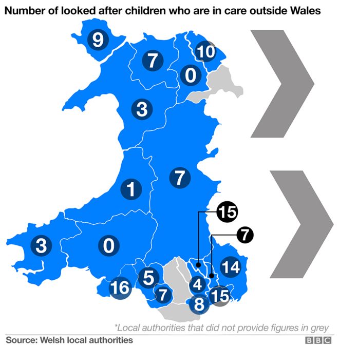 Карта, показывающая количество детей, находящихся под опекой за пределами Уэльса
