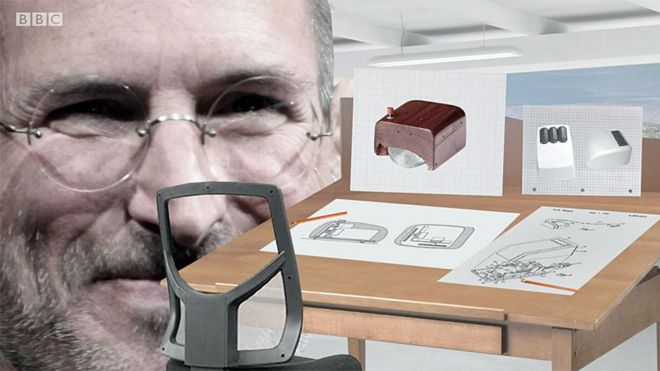 Steve Jobs e imágenes del ratón antiguo y mesa de diseño