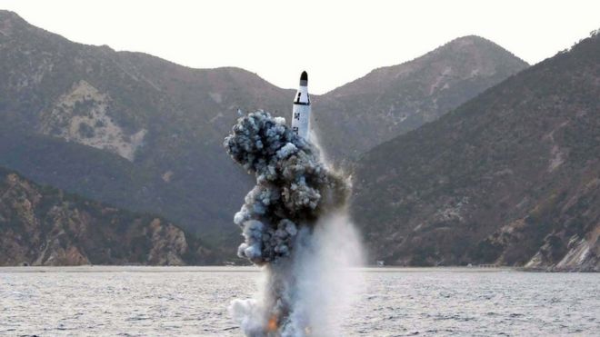 This picture released from North Korea's official Korean Central News Agency (KCNA) on April 24, 2016 shows the underwater test-fire of a strategic submarine ballistic missile at an undisclosed location in North Korea on 23 April 2016