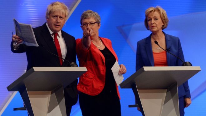 Борис Джонсон, Гизела Стюарт и Андреа Лидсом во время телевизионных дебатов о референдуме в ЕС