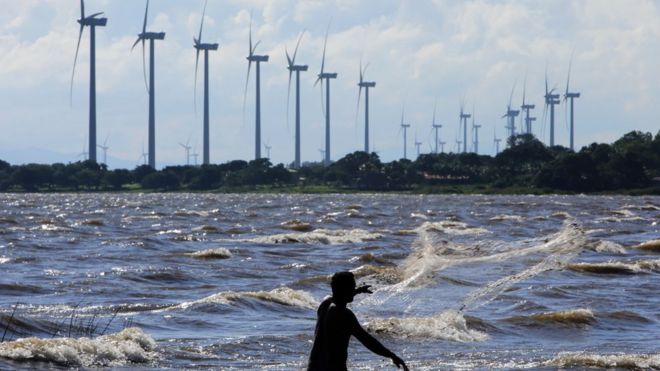 A man fishes in Cocibolca Lake in the province of Rivas, about 125km south of the capital Managua, on 4 November, 2013.