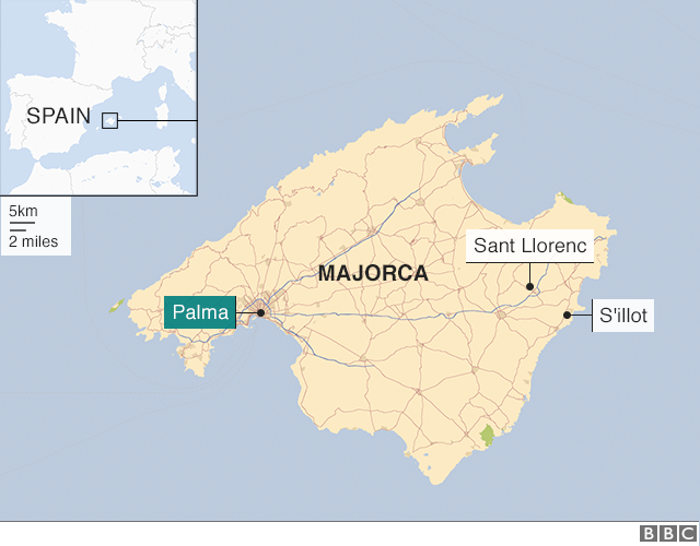 На карте обозначены города Сант-Льоренс-де-Кардассар и Сильо на испанском острове Майорка