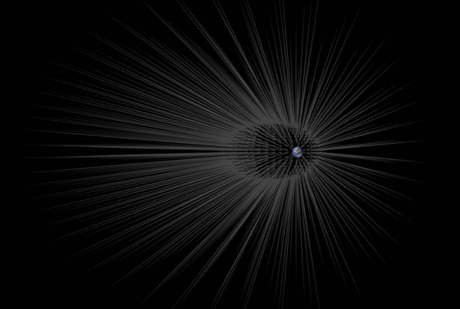 ภาพจากฝีมือศิลปินแสดงให้เห็นแนวคิดที่เชื่อว่ามีเส้นใยของสสารมืดที่เรียกว่า "เส้นผม" (Hairs) ล้อมรอบโลกอยู่