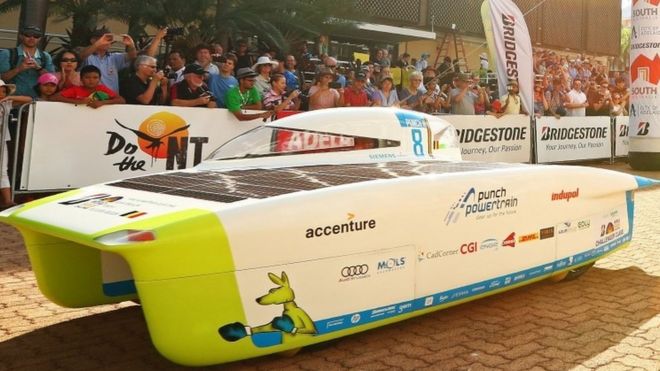 The Punch Powertrain Solar Team vehicle "Punch Two" from Belgium leaves the start line in Darwin. Photo: 8 October 2017