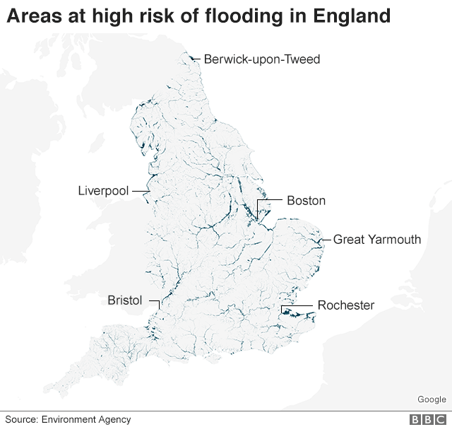 Карта с указанием районов с высоким риском наводнения в Англии