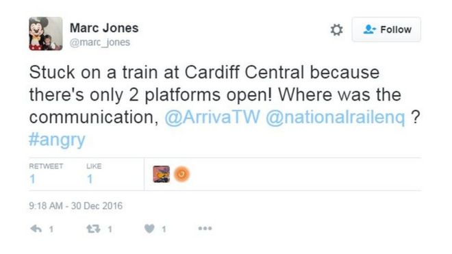 твит о задержках поездок на поезде в Кардиффе