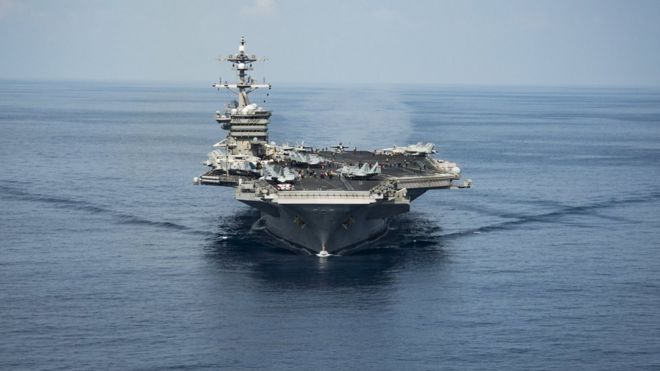 The aircraft carrier USS Carl Vinson transits the South China Sea while conducting flight operations on April 9, 2017.