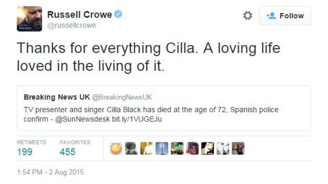 Рассел Кроу отдает дань Cilla Black в Твиттере