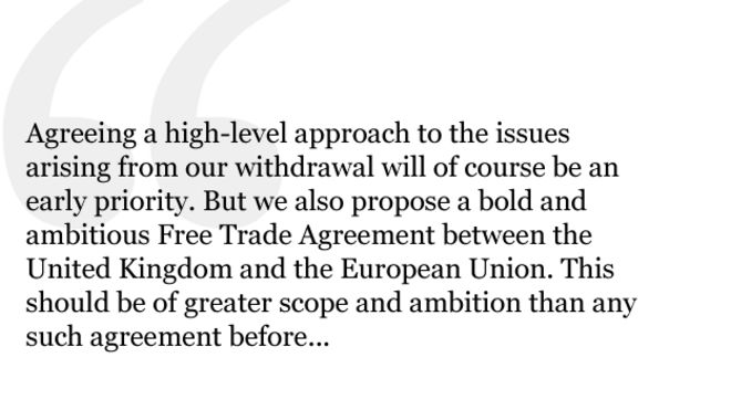 Согласование подхода на высоком уровне к вопросам, возникающим в связи с нашим уходом, безусловно, будет одним из первых приоритетов. Но мы также предлагаем смелое и амбициозное соглашение о свободной торговле между Соединенным Королевством и Европейским союзом. Это должно быть более масштабным и амбициозным, чем любое подобное соглашение до ...