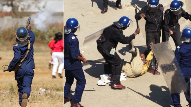 Слева: полицейский в Зимбабве стреляет слезоточивым газом. Справа: полицейский избивает кого-то дубинкой - оба в Хараре в августе 2016 года