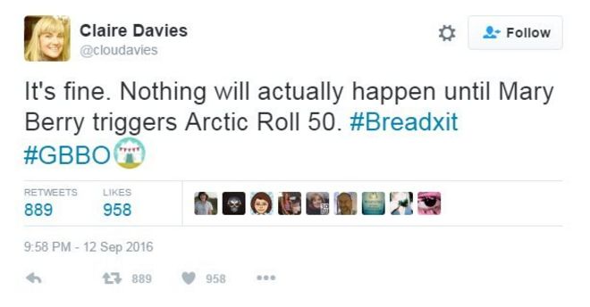 Клэр Дэвис в Твиттере: Все хорошо. На самом деле ничего не произойдет, пока Мэри Берри не запустит Arctic Roll 50. Хэштег: Breadxit. Хэштег: GBBO