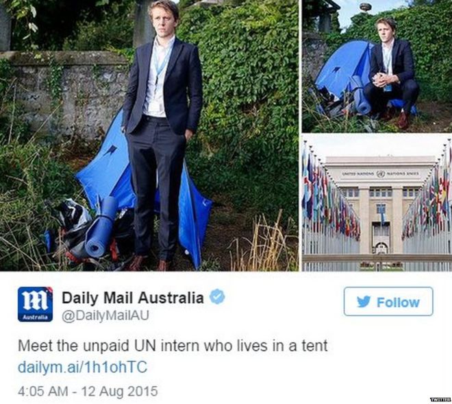 Daily Mail пишет о Дэвиде Хайде, стажере ООН, живущем в палатке - 11 августа 2015 года