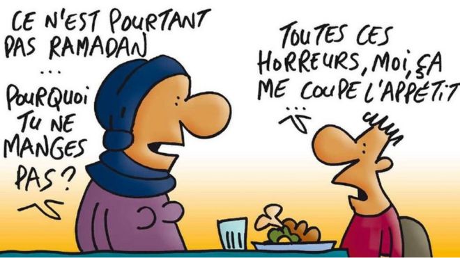 Cartoon depicting a mother and son. "It's not Ramadan yet... why aren't you eating your food?" asks the mother. All these horrors are spoiling my appetite," the child replies