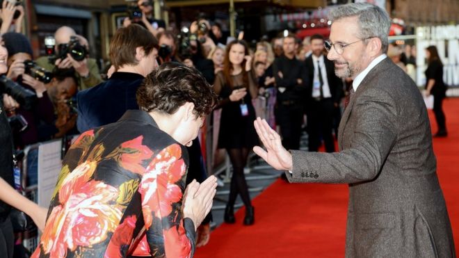 Тимоти Чаламет и Стив Карелл на британской премьере фильма «Прекрасный мальчик»