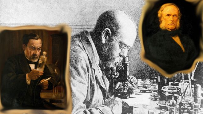 Retratos de Louis Pasteur, Robert Koch, Joseph Lister.