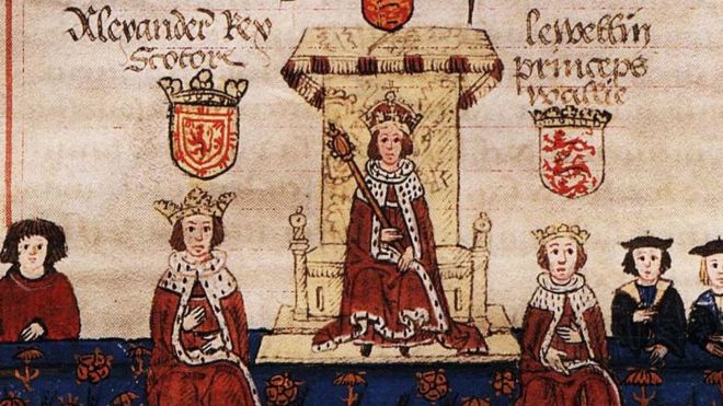 Эдуард I с повелителями Шотландии и Уэльса. Иллюстрация из средневекового манускрипта.