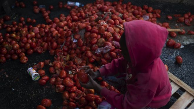 Criança busca tomates comestíveis em meio ao lixo no Rio de Janeiro em agosto de 2021