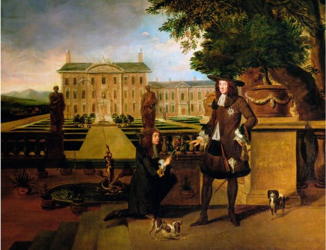 Джон Роуз, королевский садовник, преподносит Карлу II ананас, 17 век. Предположительно, этот фрукт был первым, выращенным в Англии, в Дорни-Корт в Беркшире.