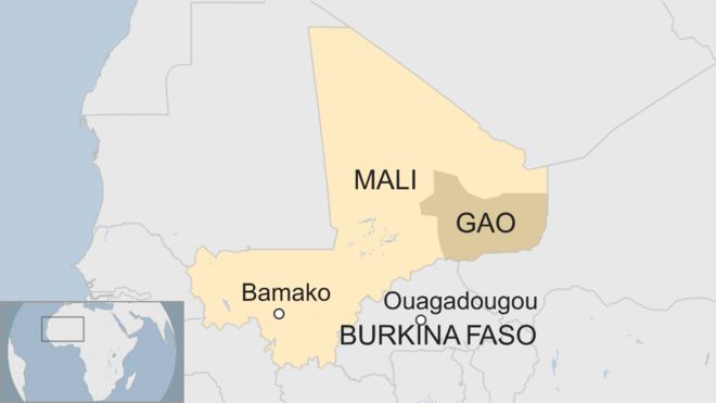 Карта, показывающая регион, который Макрон посещает в Мали