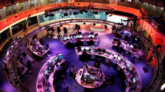 The newsroom at the headquarters of the Qatar-based Al Jazeera English-language channel in Doha, 7 February