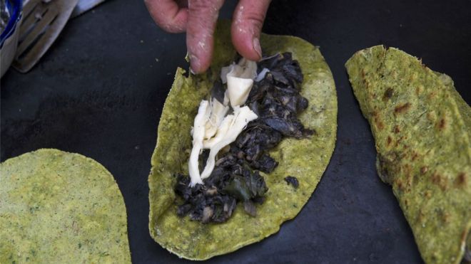 Quesadillas de huitlacoche, un popular alimento mexicano.