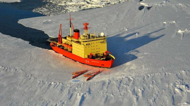Tripulación del ARA Almirante Irízar formados en el hielo (Foto: Armada Argentina)