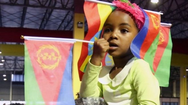 Ребенок носит национальные флаги Эфиопии и Эритреи во время концерта в Зале тысячелетия в Аддис-Абебе, Эфиопия, 15 июля 2018 года.