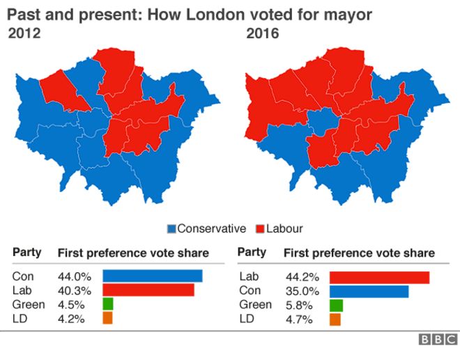 карты прошлого и настоящего выборов мэра Лондона